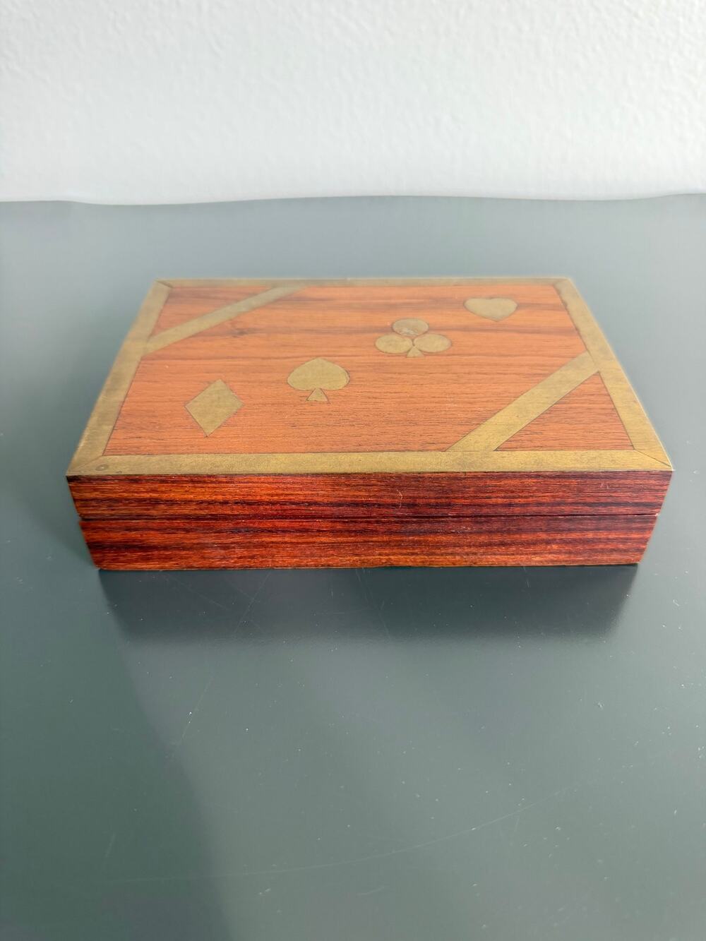 Vintage handcrafted wooden box with 2 sets of playing cards and brass inlay